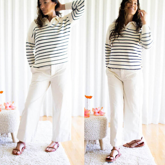 Alex Mill Sweaters - Alex Mill Jacques Cotton Stripe Polo Sweater Cream Black 100% Cotton Size M